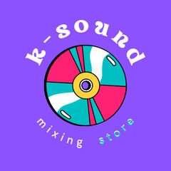 Logo da loja K-Sound Store, contendo um cd colorido no centro e um fundo roxo vivo, escrito em cima do cd "K-Sound" e embaixo dele "mixing store".